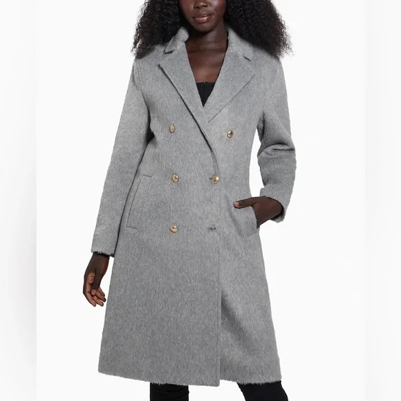 GUESS NWT Textured Wool Blend Double Breasted Coat Light Stone Heather Size S - Picture 2 of 16